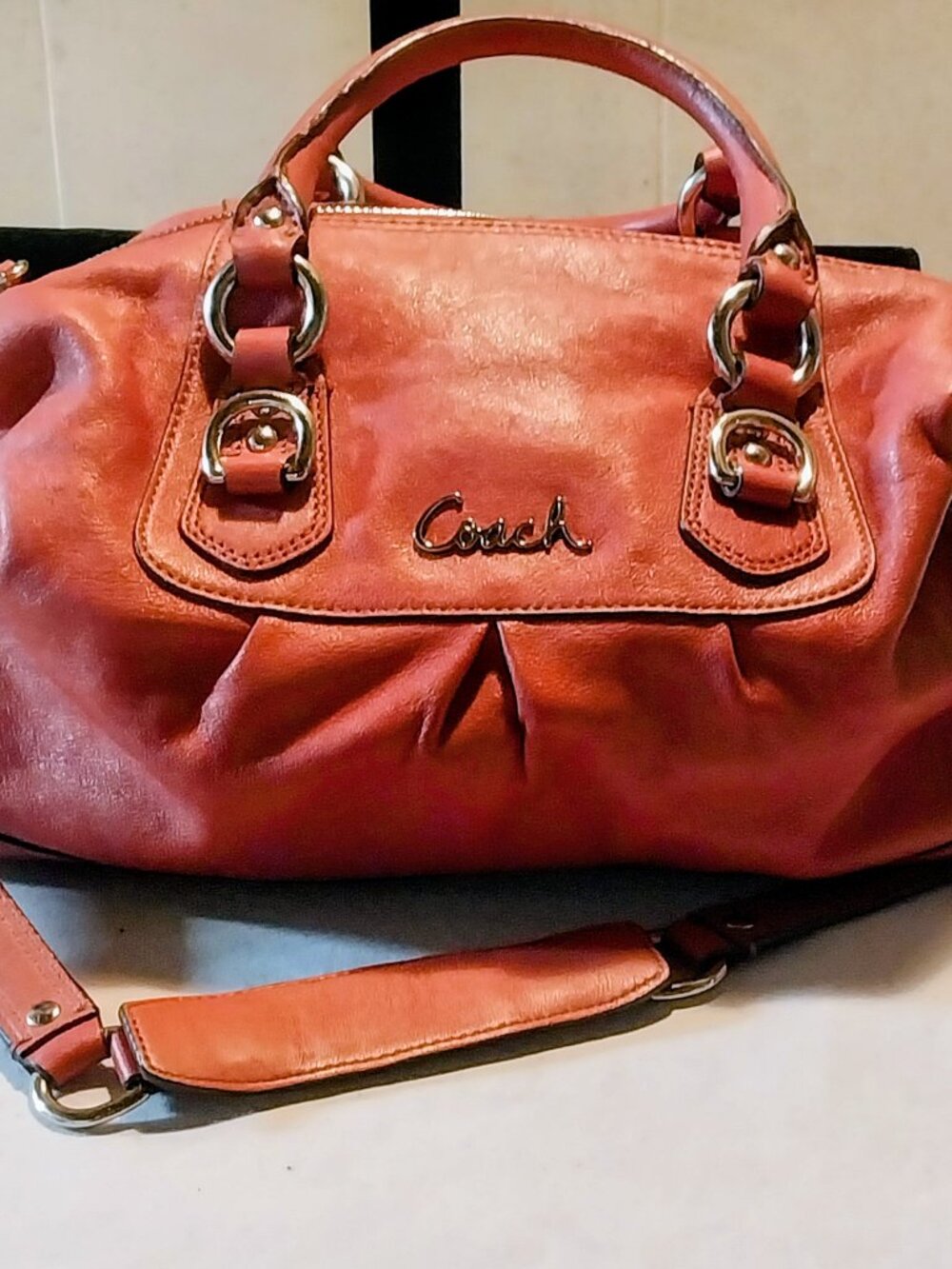 Coach Ashley Coral Pink Leather Satchel Pleated Silver Hardware Hobo Bag F15445